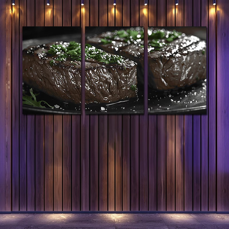 3pcs Cooked Beef Steak served with Fresh Herbs Wall Art Set Canvas Framed 40x60cm - High Quality Print 100% Australian Made Wall Canvas Ready to Hang - Bella Home Decor