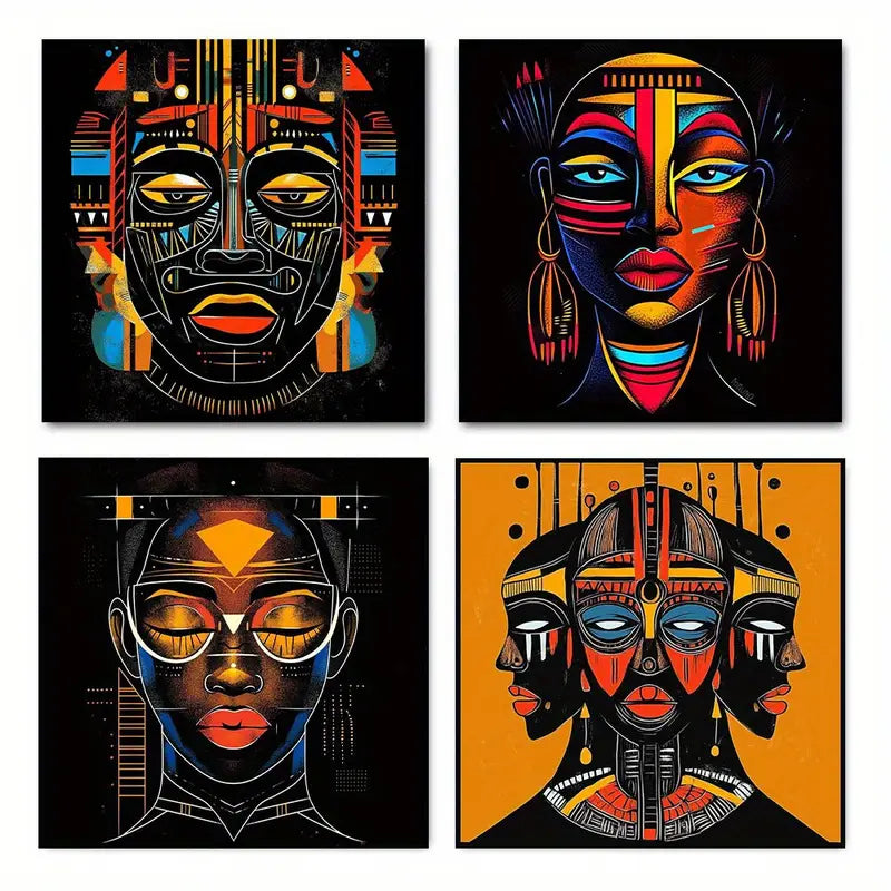 4pcs African Tribal Abstract Art  Wall Art Canvas Framed