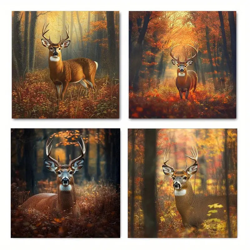 4pcs Autumn Deer Whitetail Buck Wildlife Anima Wall Art Canvas Framed