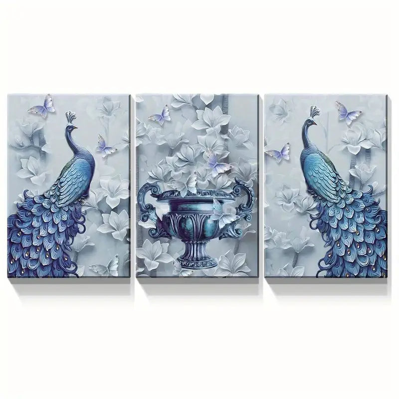 3pcs Blue Peacock Floral Paintings  Metal Print Ready to Hang Art - Bella Home Decor