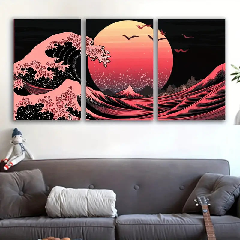 3pcs Great Waves Of The Cascade Wall Art Set Canvas Framed 50x70cm - High Quality Print 100% Australian Made Wall Canvas Ready to Hang