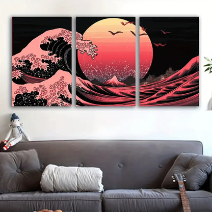 3pcs Great Waves Of The Cascade Wall Art Set Canvas Framed 50x70cm - High Quality Print 100% Australian Made Wall Canvas Ready to Hang