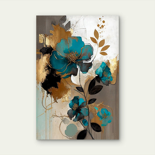 Teal Gold Floral Abstract Oil Art 40x60cm Metal Print Ready to Hang