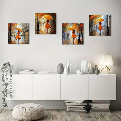 4pcs Autumn Street Scene Vintage Abstract Canvas Wall Art Canvas Framed