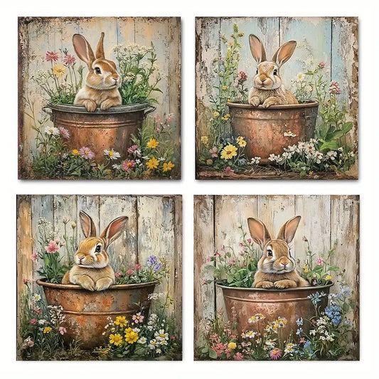 4pcs   Rustic Bunny Tin Sig Picture Modern  Wall Art Canvas Framed