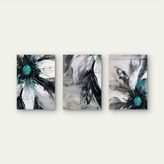 3pcs Abstract Teal Black White Flower Painting Wall Art Set Canvas Framed 40x60cm - High Quality Print 100% Australian Made Wall Canvas Ready to Hang