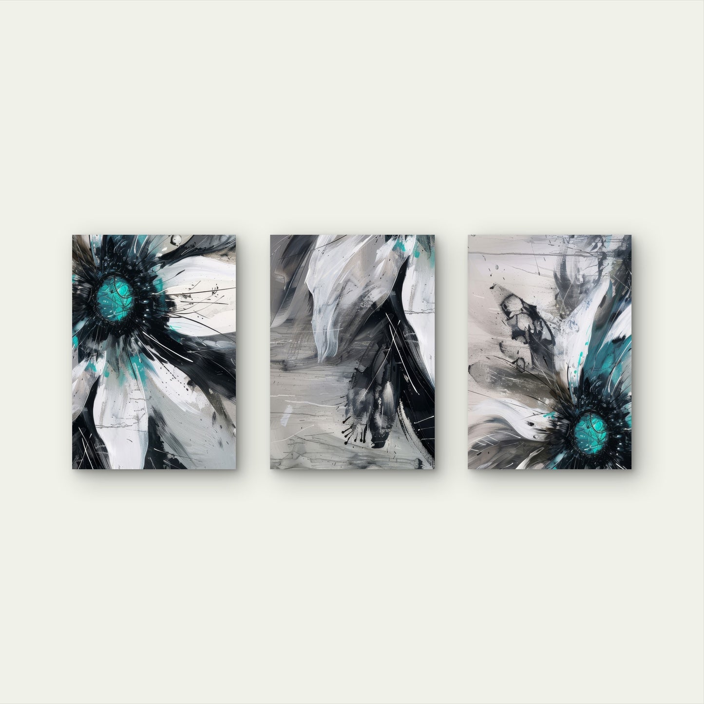 3pcs Abstract Teal Black White Flower Painting  Wall Art Set Canvas Framed 60x90cm - High Quality Print 100% Australian Made Wall Canvas Ready to Hang