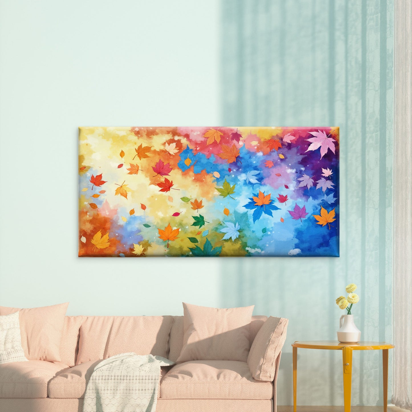 Rainbow Autumn Leaf Collage Wall Art Canvas Office Home Room Framed 120x60cm - Bella Home Decor