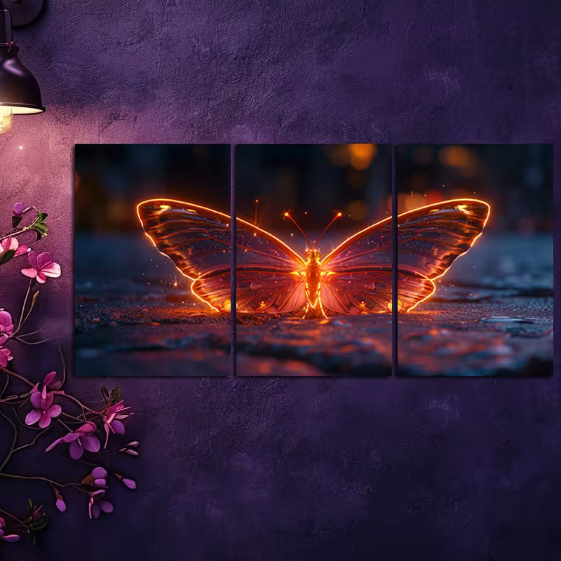 3pcs Glowing Crystal Butterfly Wall Art Set Canvas Framed 60x90cm - High Quality Print 100% Australian Made Wall Canvas Ready to Hang - Bella Home Decor