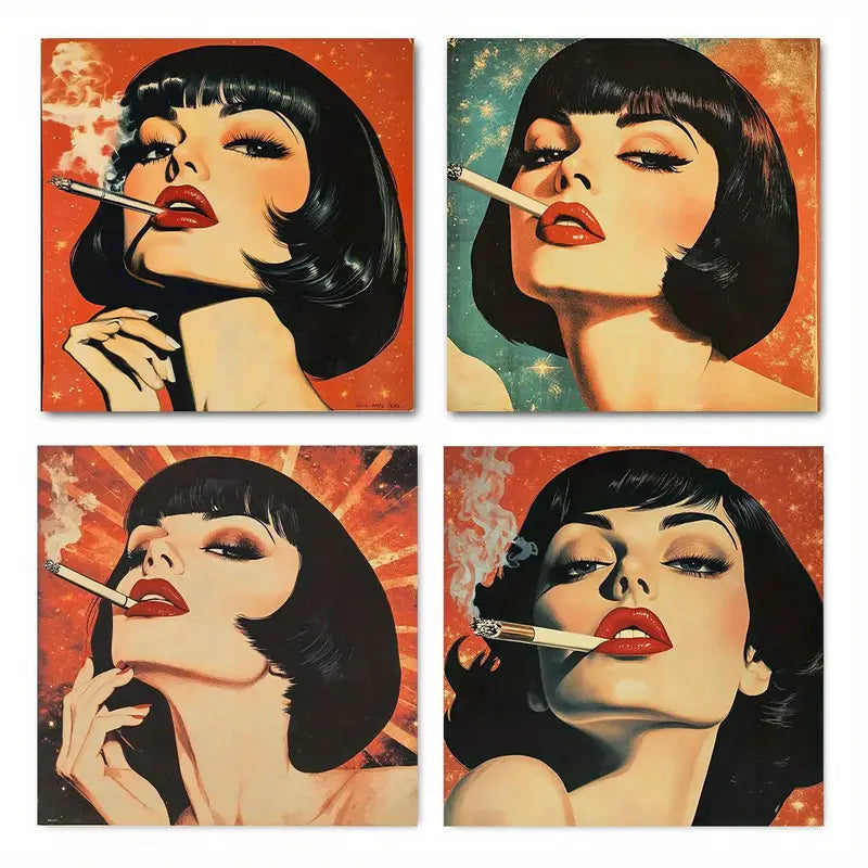 4pcs Retro Smoking Woman In Space Cosmic Tripp Wall Art Canvas Framed - Bella Home Decor