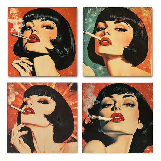 4pcs Retro Smoking Woman In Space Cosmic Tripp Wall Art Canvas Framed - Bella Home Decor