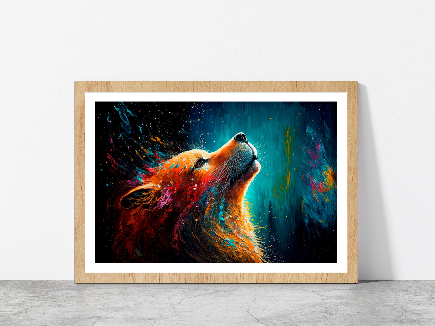 Multicolor Fox Painting Glass Framed Wall Art, Ready to Hang Quality Print With White Border Oak