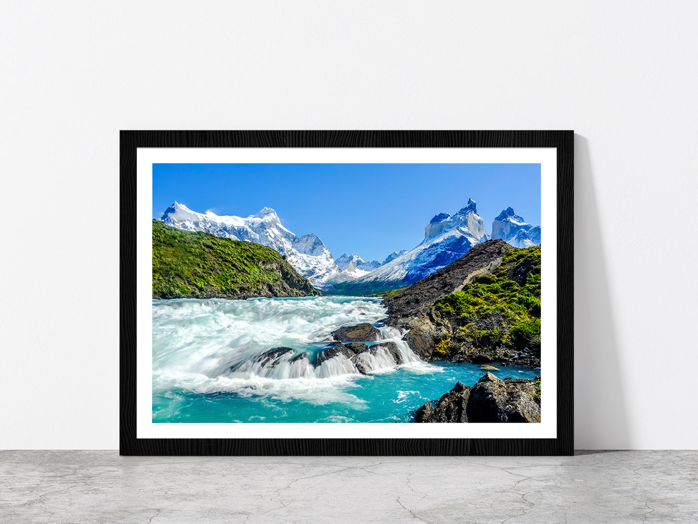 Salto Grande Waterfall & mountain Glass Framed Wall Art, Ready to Hang Quality Print With White Border Black
