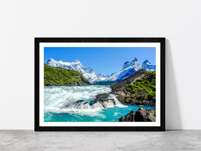Salto Grande Waterfall & mountain Glass Framed Wall Art, Ready to Hang Quality Print With White Border Black