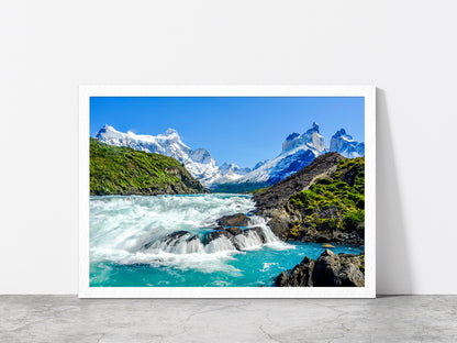 Salto Grande Waterfall & mountain Glass Framed Wall Art, Ready to Hang Quality Print Without White Border White