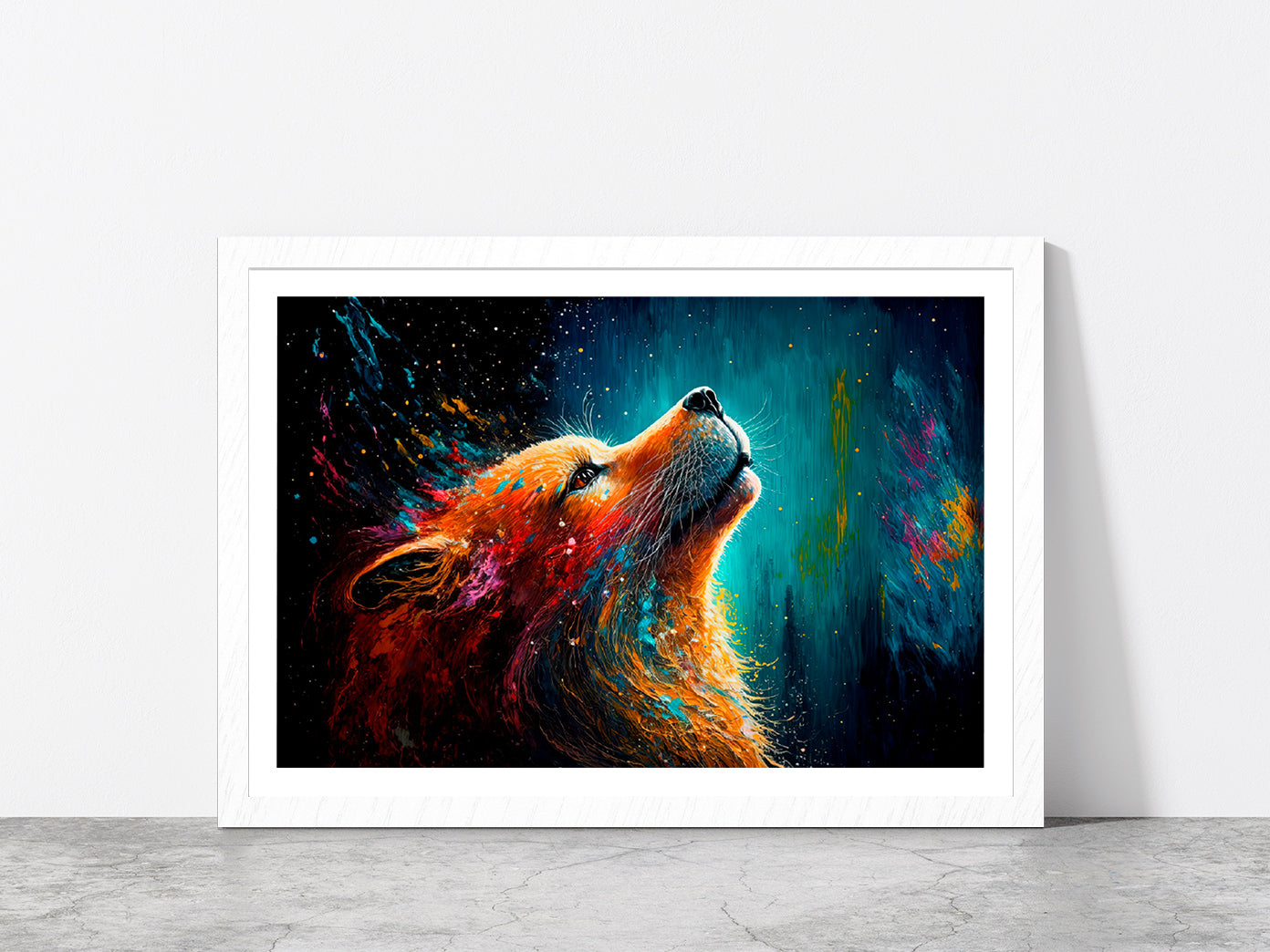 Multicolor Fox Painting Glass Framed Wall Art, Ready to Hang Quality Print With White Border White