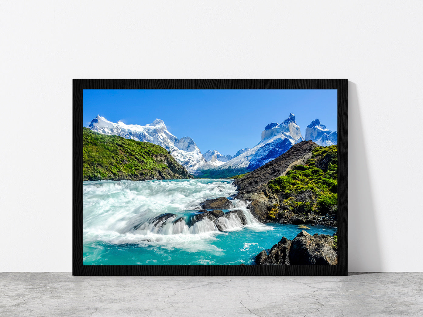 Salto Grande Waterfall & mountain Glass Framed Wall Art, Ready to Hang Quality Print Without White Border Black