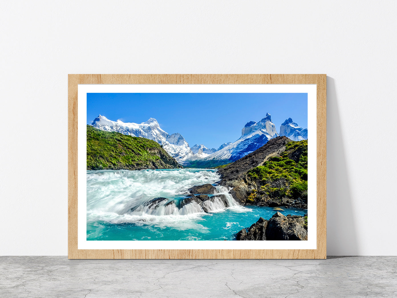 Salto Grande Waterfall & mountain Glass Framed Wall Art, Ready to Hang Quality Print With White Border Oak