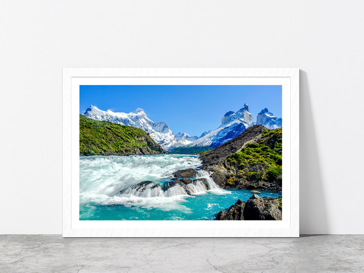 Salto Grande Waterfall & mountain Glass Framed Wall Art, Ready to Hang Quality Print With White Border White