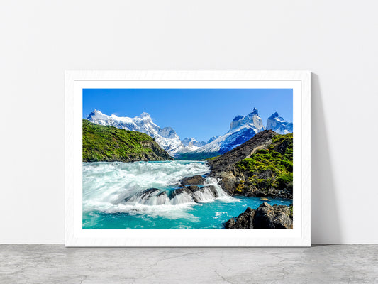 Salto Grande Waterfall & mountain Glass Framed Wall Art, Ready to Hang Quality Print With White Border White