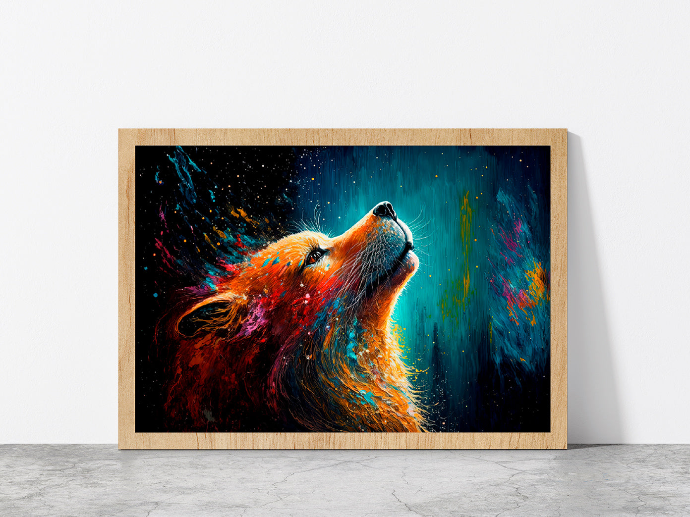 Multicolor Fox Painting Glass Framed Wall Art, Ready to Hang Quality Print Without White Border Oak