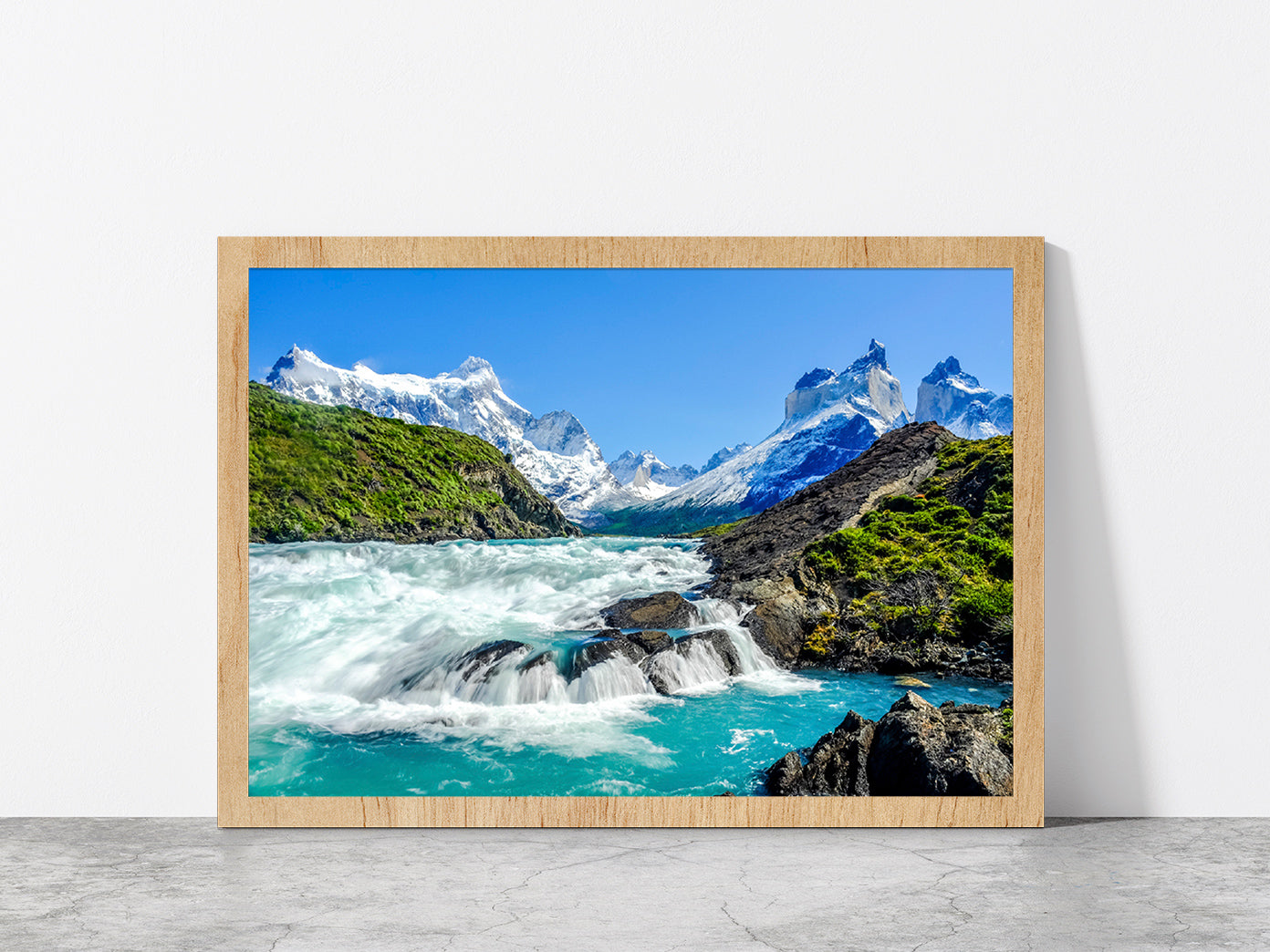 Salto Grande Waterfall & mountain Glass Framed Wall Art, Ready to Hang Quality Print Without White Border Oak