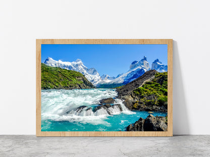 Salto Grande Waterfall & mountain Glass Framed Wall Art, Ready to Hang Quality Print Without White Border Oak