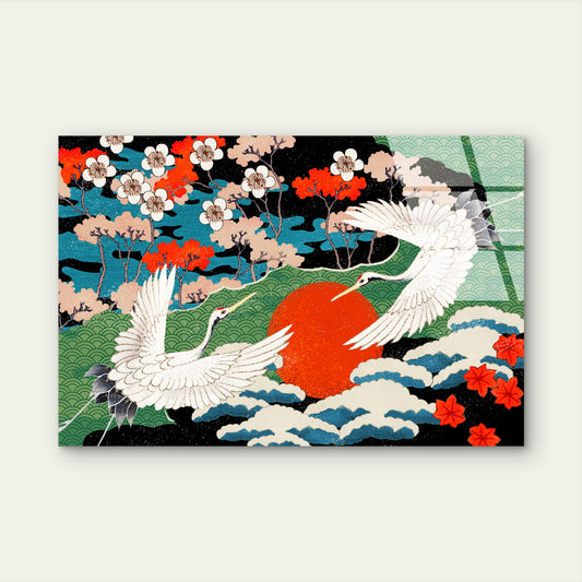 Japanese Ukiyo e Cranes Rising Glass Printing Wall Art Australian Made Quality