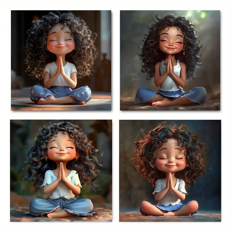 4pcs Girl In Blue With Open Eyes Wall Art Canvas Framed