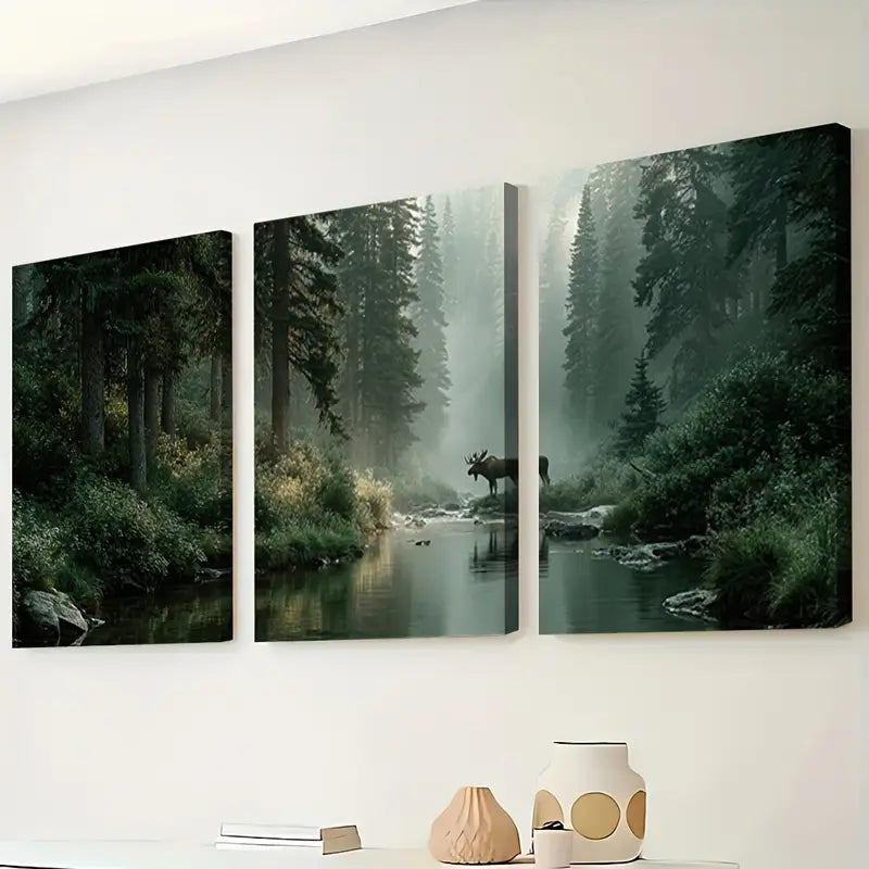 3pcs Canadian Poplar Forest Moose Scene Wall Art Set Canvas Framed 40x60cm - High Quality Print 100% Australian Made Wall Canvas Ready to Hang - Bella Home Decor