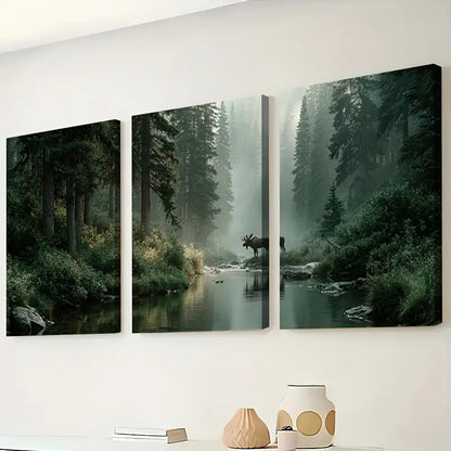 3pcs Canadian Poplar Forest Moose Scene Wall Art Set Canvas Framed 40x60cm - High Quality Print 100% Australian Made Wall Canvas Ready to Hang - Bella Home Decor