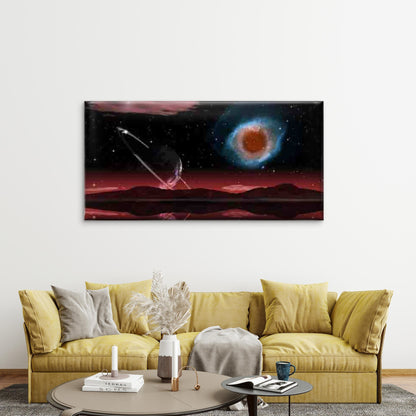 Red Nebula & Planet Rings Wall Art Canvas Office Home Room Framed 120x60cm - Bella Home Decor