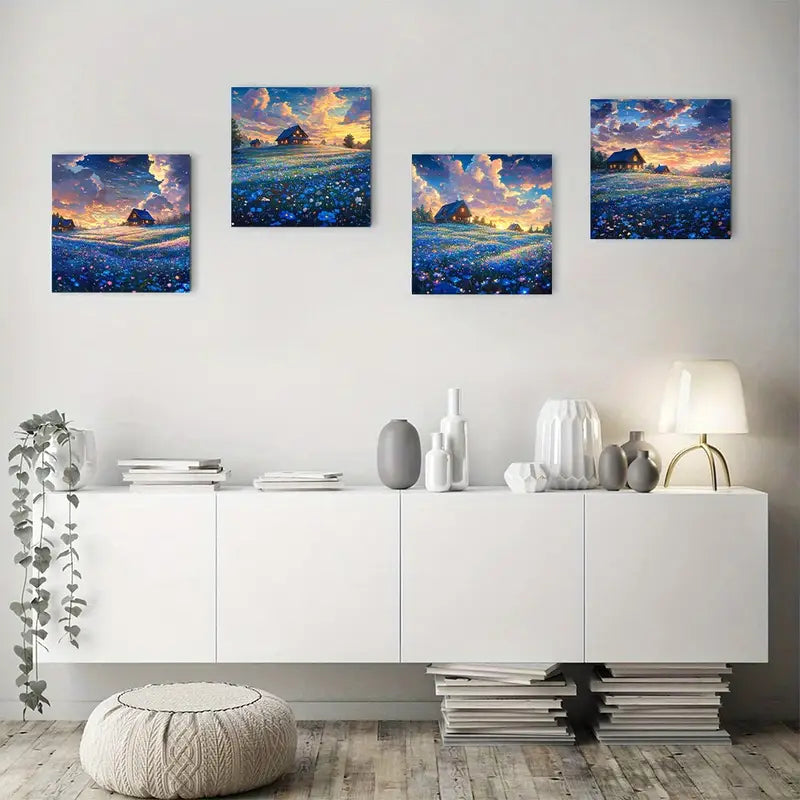 4pcs Fields Of Flowers Cottages Cloud Wall Art Canvas Framed