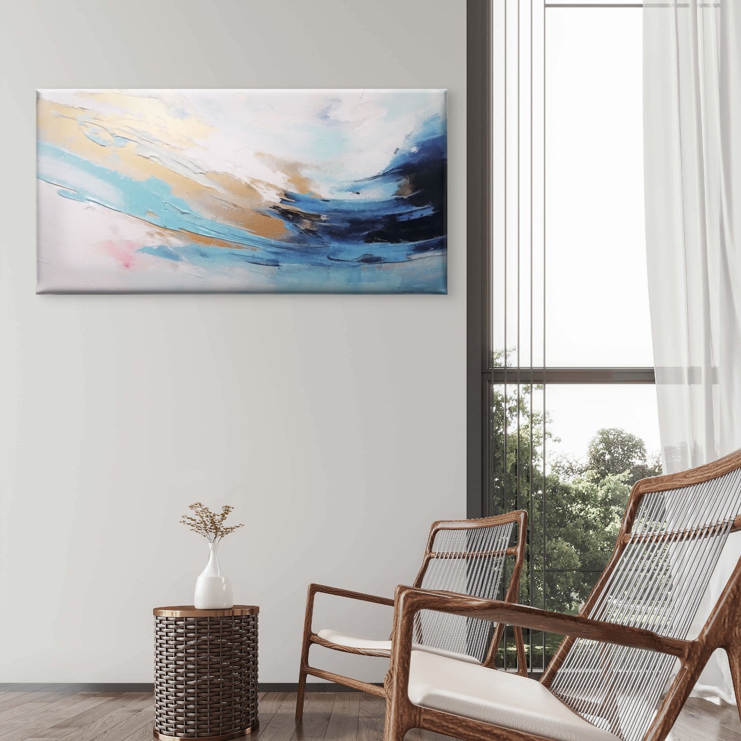 Blue Gold Ocean Swirl Sweep Wall Art Canvas Office Home Room Framed 120x60cm