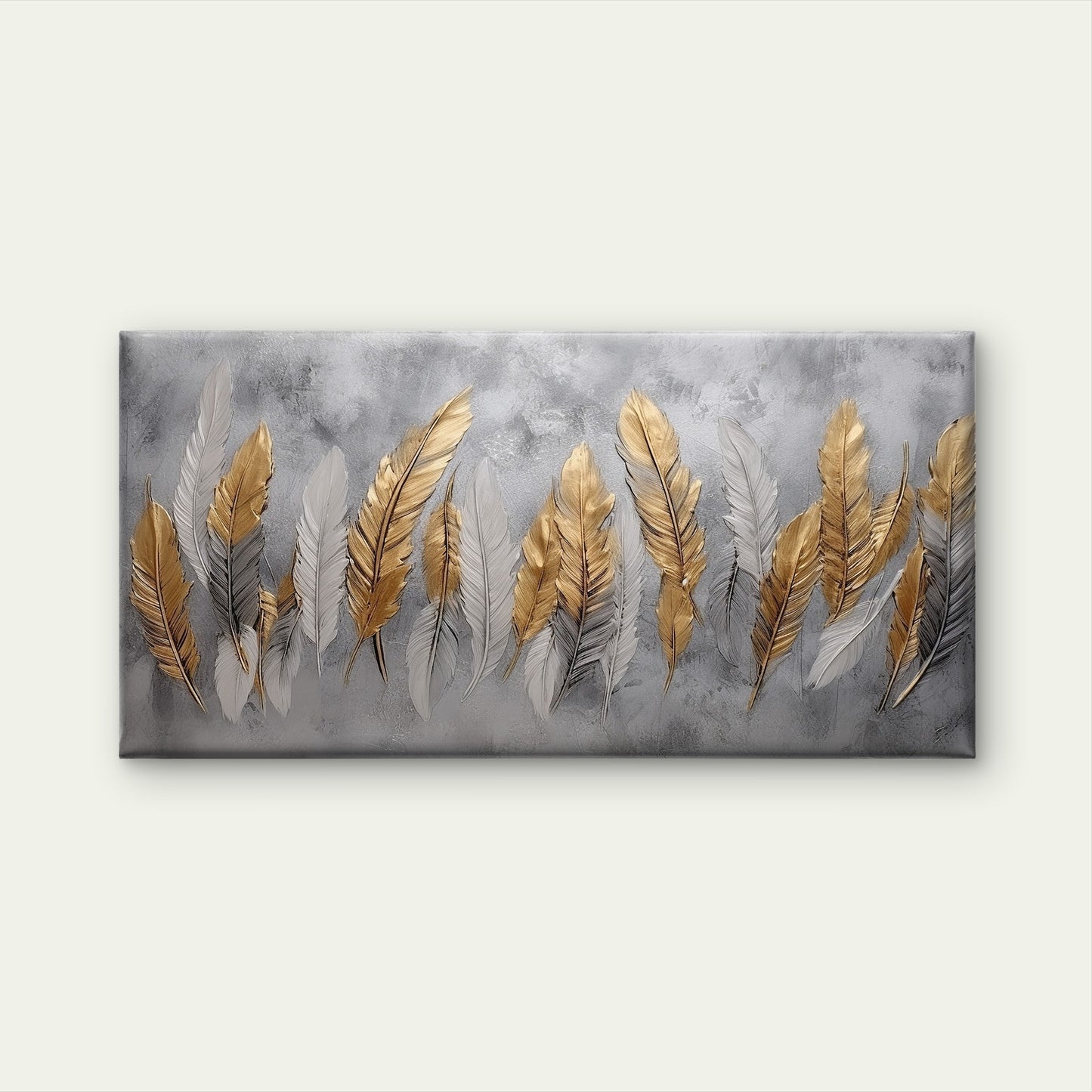 Gold Silver Feather Motif Wall Art Canvas Office Home Room Framed 120x60cm