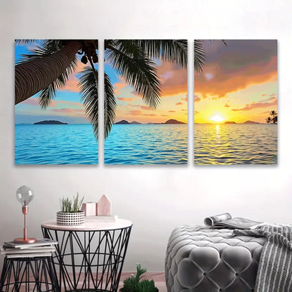 3pcs Tropical Beach Sunset Palm Ocean View Wall Art Set Canvas Framed 60x90cm - High Quality Print 100% Australian Made Wall Canvas Ready to Hang