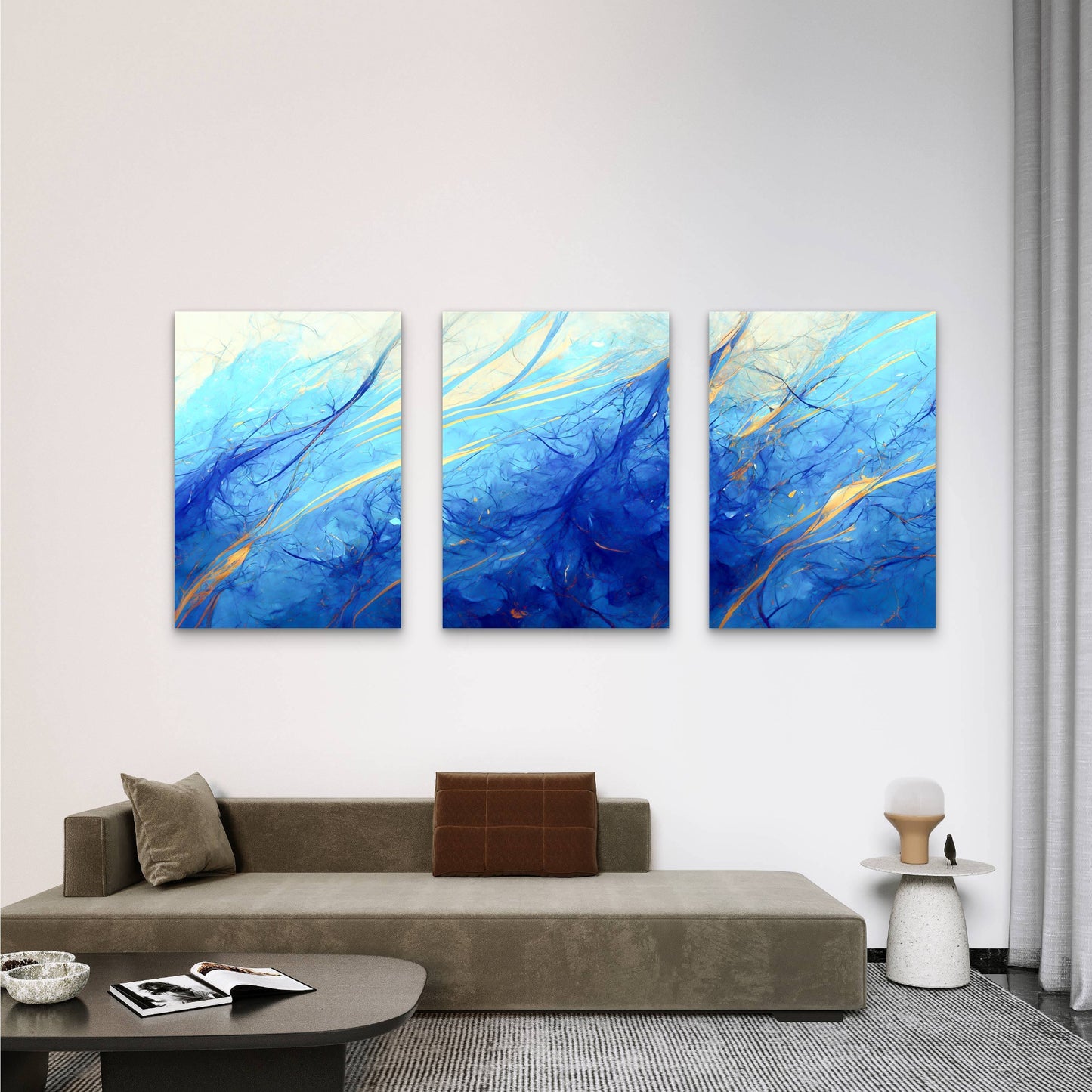 3pcs Abstract Ocean Current Blue Gold Marble Wall Art Set Canvas Framed 60x90cm - High Quality Print 100% Australian Made Wall Canvas Ready to Hang - Bella Home Decor