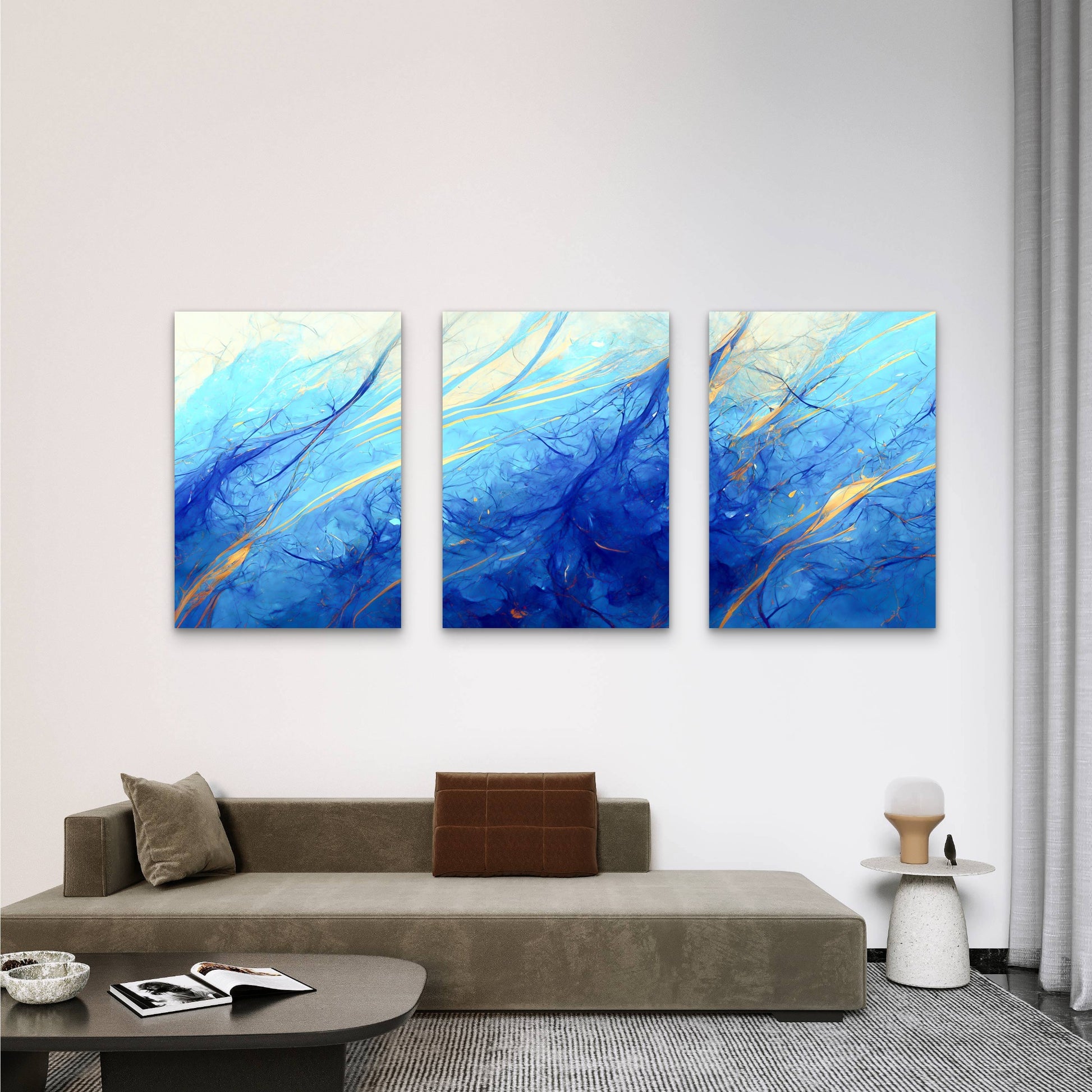 3pcs Abstract Ocean Current Blue Gold Marble Wall Art Set Canvas Framed 60x90cm - High Quality Print 100% Australian Made Wall Canvas Ready to Hang - Bella Home Decor