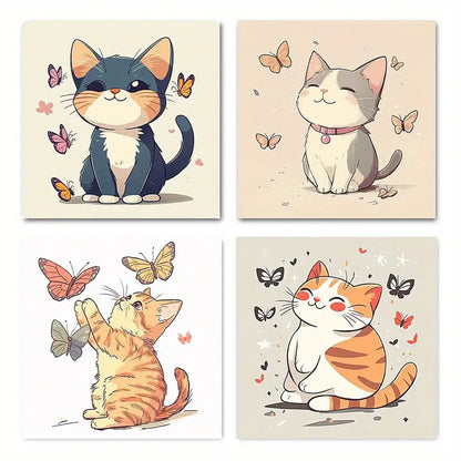 4pcs Vintage Abstract Cat & Butterfly  Wall Art Canvas Framed