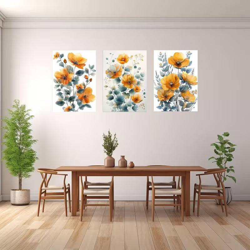 3pcs Yellow And Grey Flowers Botanical Art Wall Art Set Canvas Framed 40x60cm - High Quality Print 100% Australian Made Wall Canvas Ready to Hang