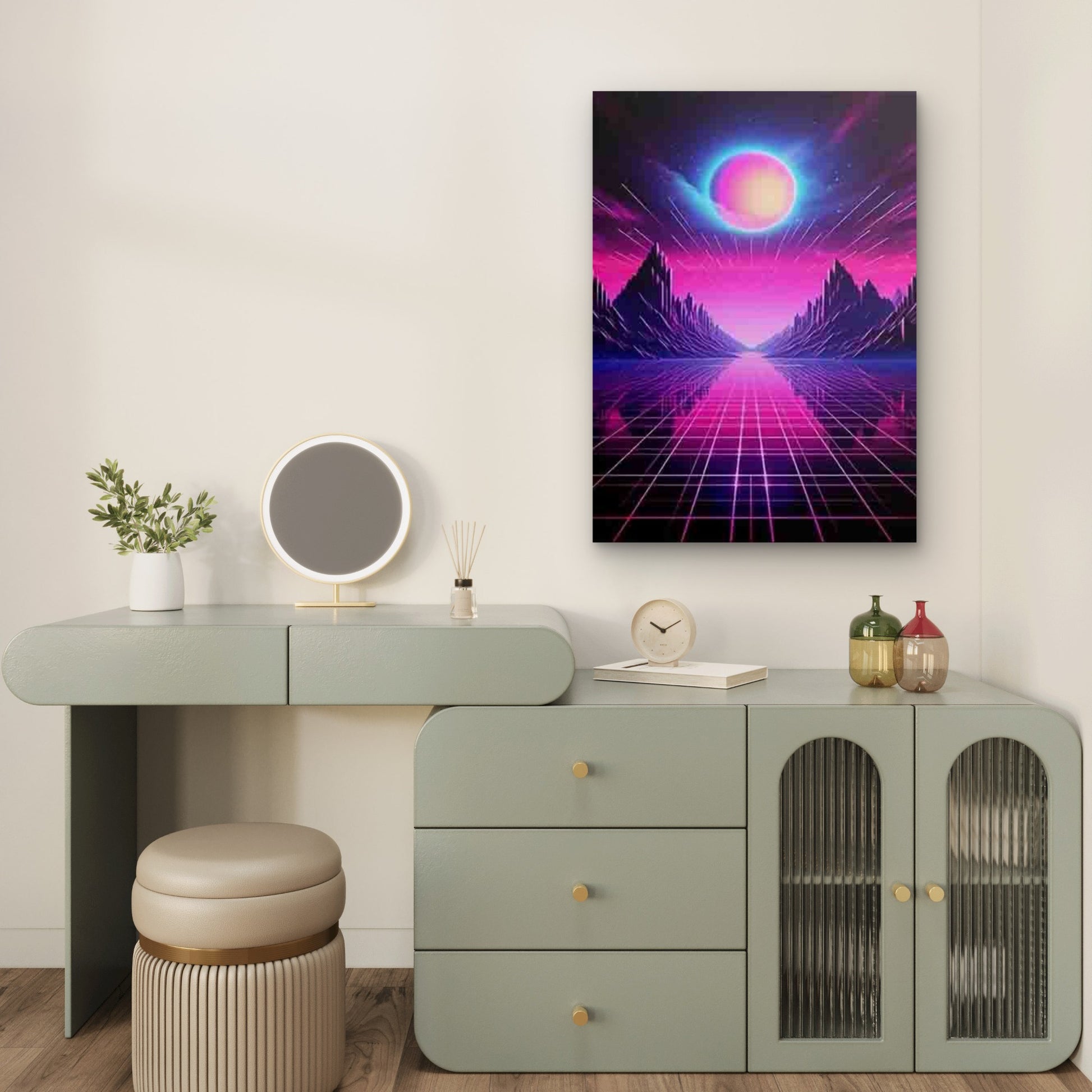 Pink Grid planet & Mountain Silhouette Landscape 60x90cm Metal Print Ready to Hang - Bella Home Decor