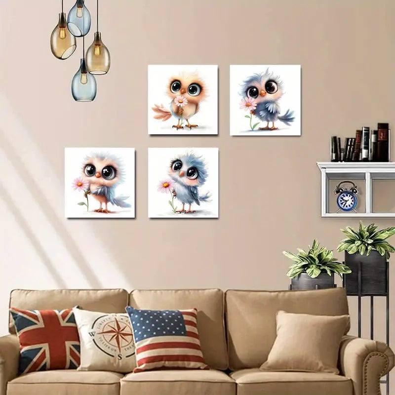 4pcs Funny Birds With Flower Picture Wall Art Canvas Framed