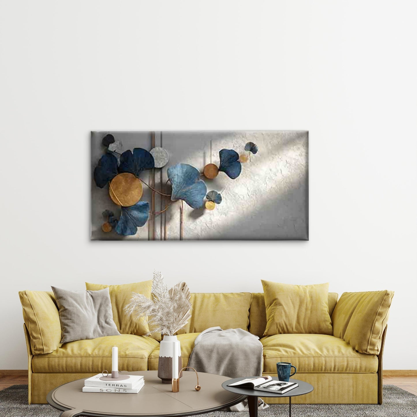 Blue Ginkgo with Golden Circles Wall Art Canvas Office Home Room Framed 120x60cm - Bella Home Decor