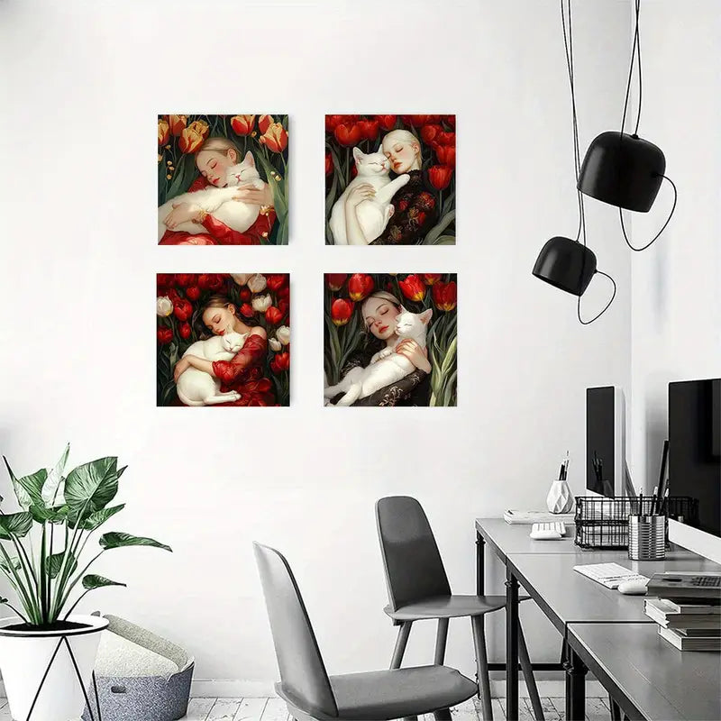 4pcs Beautiful Woman and White Cat Flower  Wall Art Canvas Framed