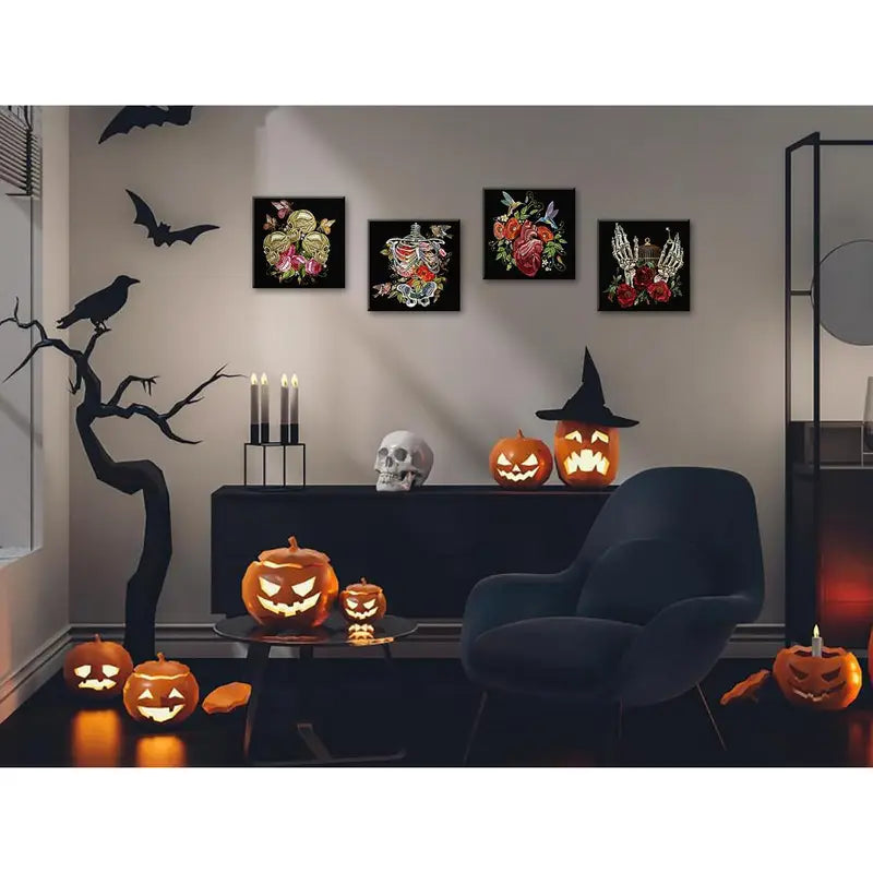 4pcs  Gothic Floral Skeleton Wall Art Canvas Framed - Bella Home Decor