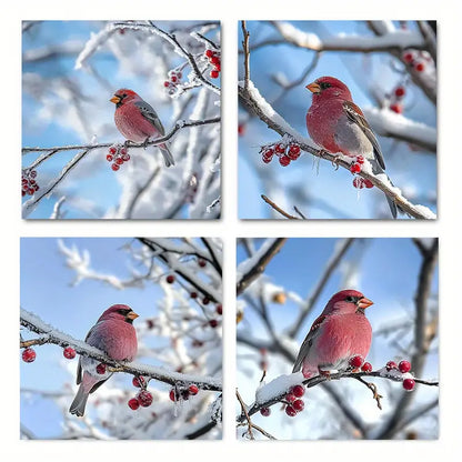 4pcs   Birds Red Cardinal on Snowy Branch   Wall Art Canvas Framed