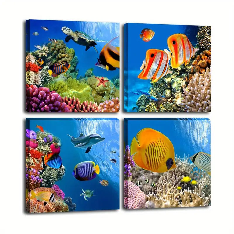 4pcs Colorful Fish Coral Dolphin Ocean Theme Wall Art Canvas Framed