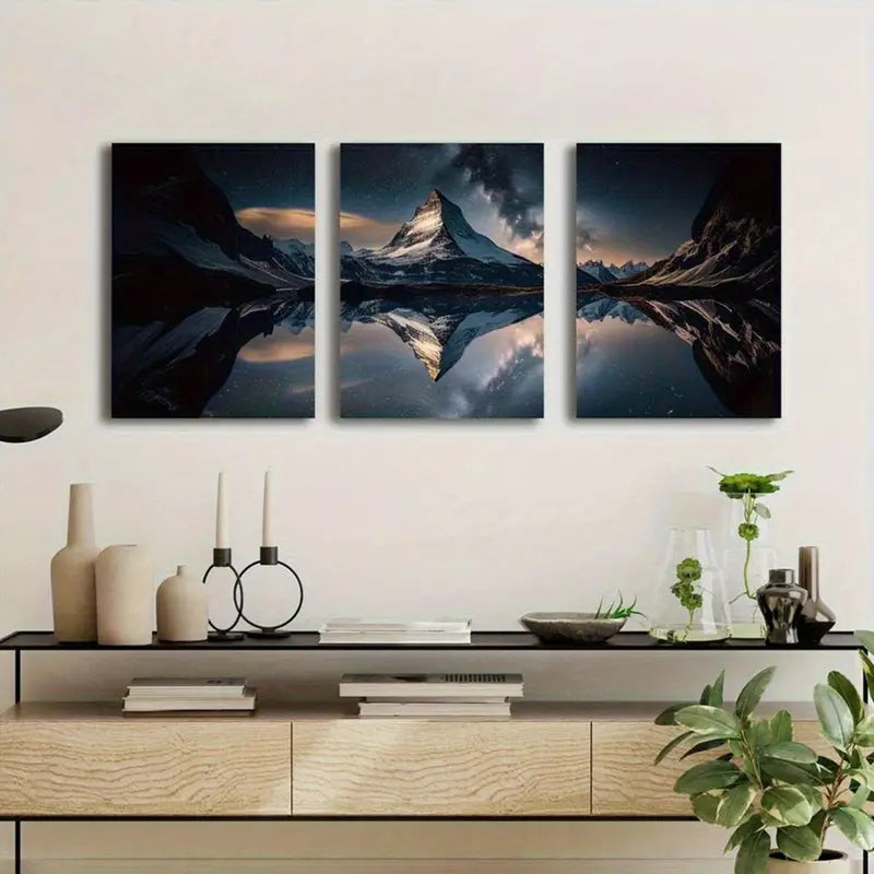 3pcs  Swiss Lake Night View With Pine Metal Print Ready to Hang Art - Bella Home Decor