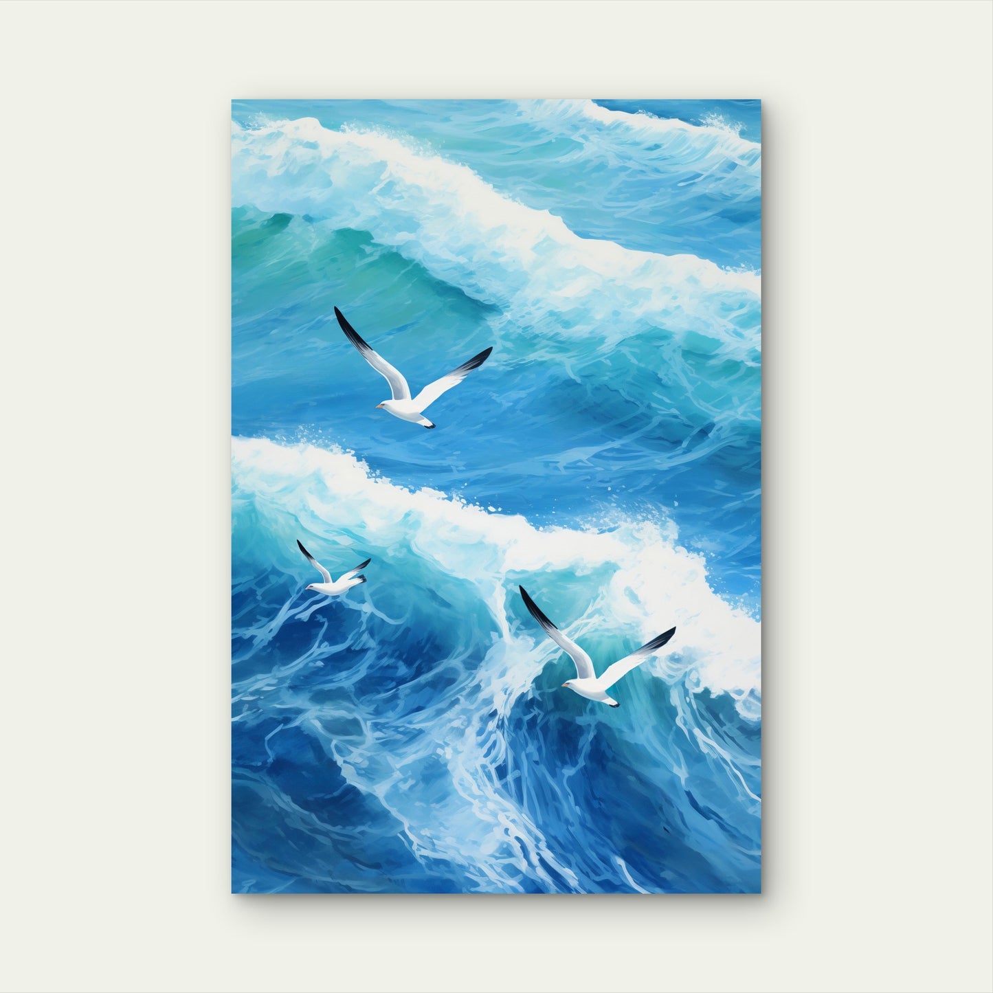 Illustration of Seagulls Flying Over Rough Ocean 60x90cm Metal Print Ready to Hang