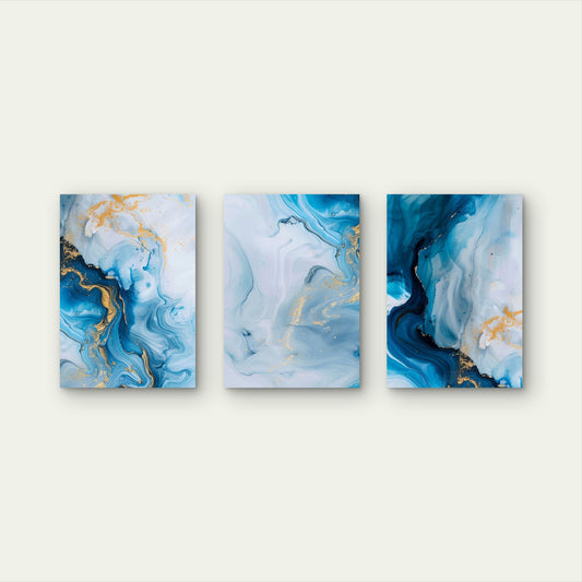 3pcs Blue Ocean Abstract Gold Marble Wave Wall Art Set Canvas Framed 50x70cm - High Quality Print 100% Australian Made Wall Canvas Ready to Hang